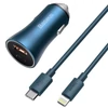 Baseus Golden Contactor Pro autós töltő USB A / Type C + Lightning kábel 40W (kék)