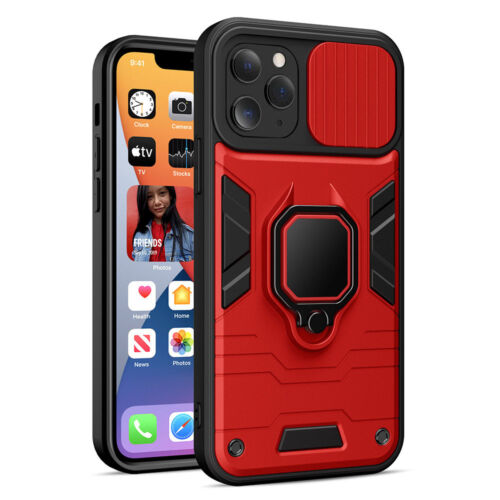 Apple iPhone 7 / 8 / Se 2020- Armor Defender Ring Lens Kameravédős Fekete / Piros Színű Mágneses Műanyag Tok