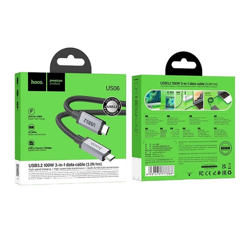 Hoco US06 Type-C - Type-C Power Delivery PD 100W 5A USB3.2 20Gbps szövetes adat- és töltőkábel 2m (fekete)