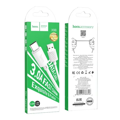 Hoco X88 USB - Type-C adat- és töltőkábel 1m (fehér)