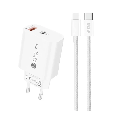 A6MaxL hálózati töltő adapter 20w USB-A USB-C  + Type-C kábel 1m (fehér)