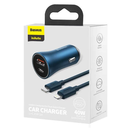 Baseus Golden Contactor Pro autós töltő USB A / Type C + Lightning kábel 40W (kék)