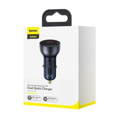 Baseus autós gyorstöltő Dual Quick USB / Type-C 65W QC4.0 + PD 3.0 LCD kijelzős (fekete)
