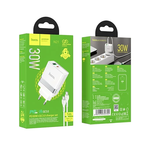 Hoco hálózati töltő Type-C + USB QC3.0  30w Type-C kábellel N21 (fehér)