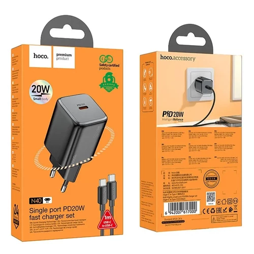 Hoco N40 Type-C PD hálózati gyorstöltő adapter kábellel (fekete)