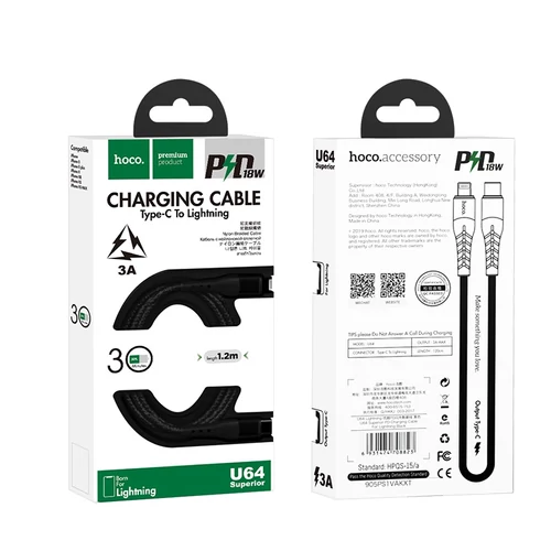 Hoco U64 Superior PD3.0  Type-C - Lightning adat- és töltőkábel 18W 1,2m (fekete)